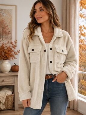 Almost Famous Ivory Plush Fuzzy Shacket Button Front Jacket Medium